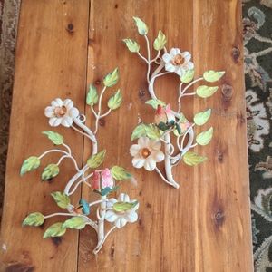 Vintage pair Italian floral metal candle sconces tolewear shabby style